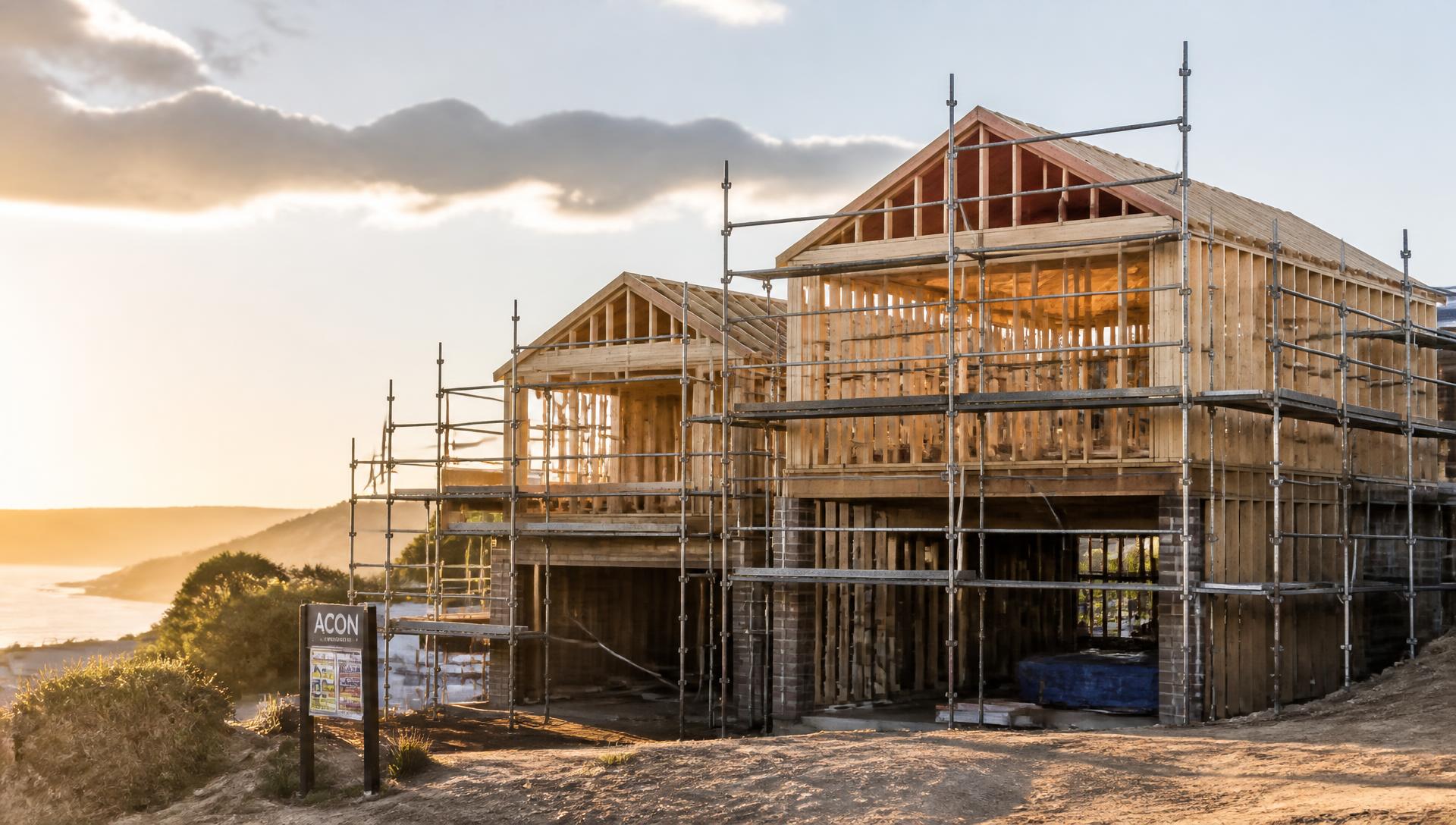 Timber-framed duplex under construction at golden hour near the Wollongong escarpment