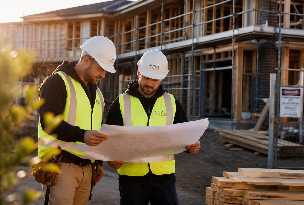 Builders in hi-vis reviewing construction plans on site